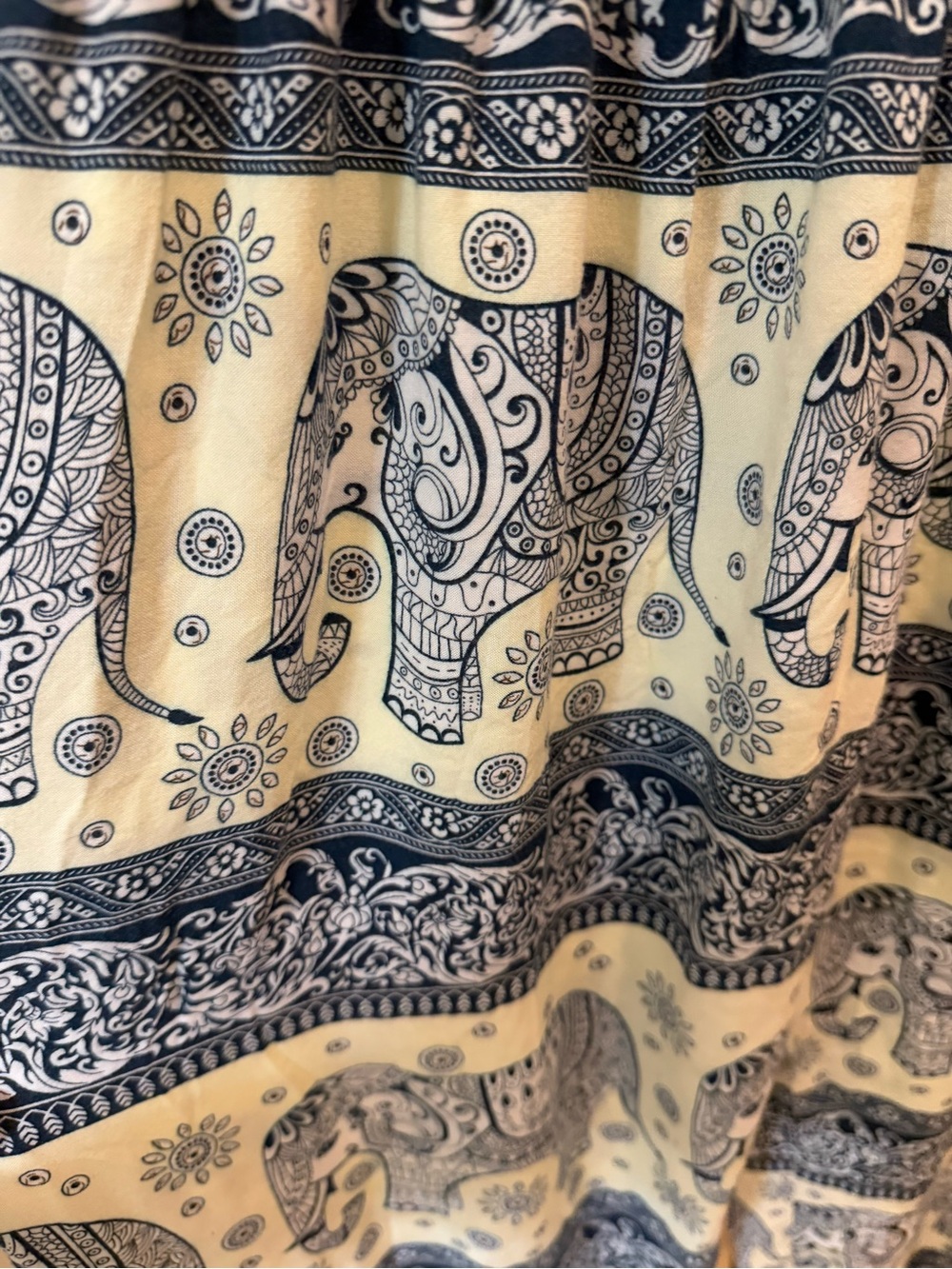Boho Smocked-Waist Elephant Print Harem Pants - Blue Cream - Picture 3 of 4